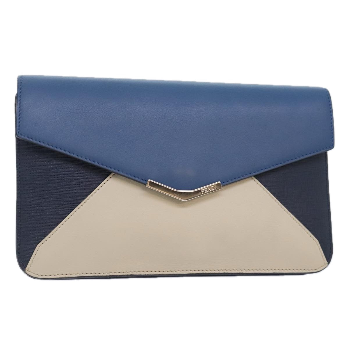 FENDI Clutch Bag Leather Blue Silver white Auth bs18021