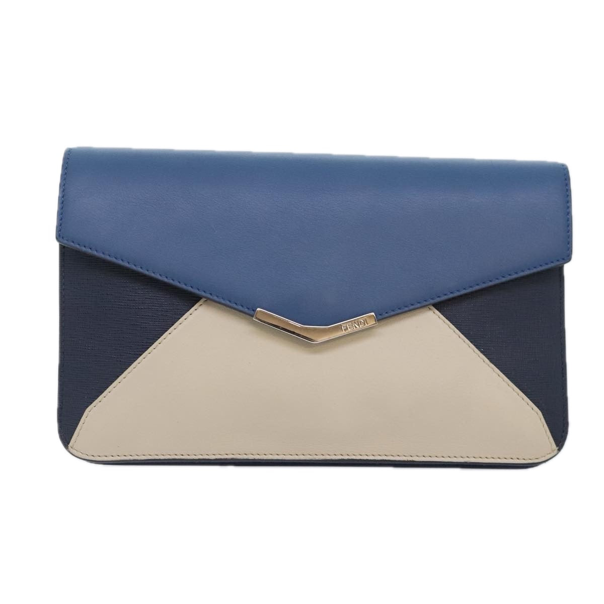 FENDI Clutch Bag Leather Blue Silver white Auth bs18021