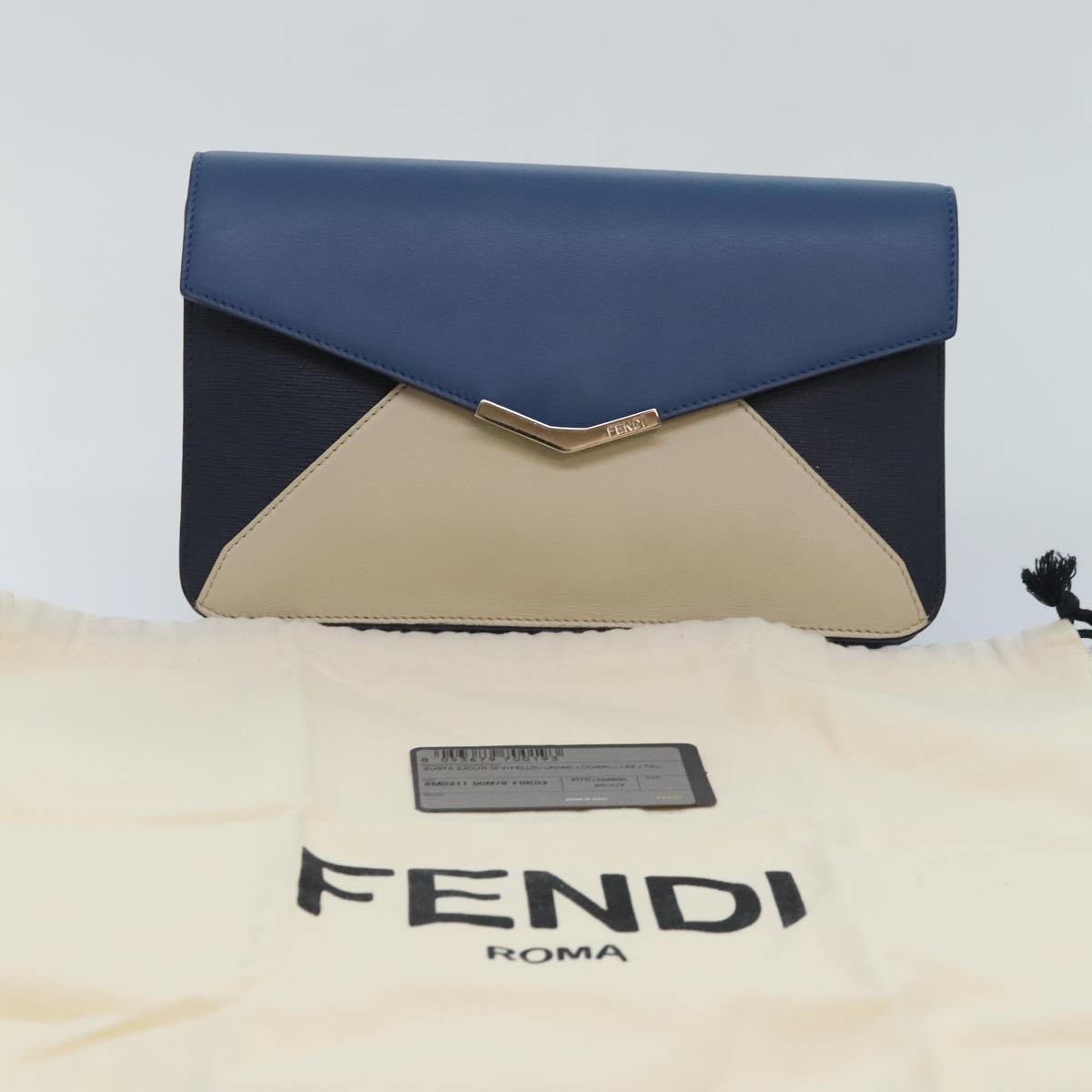 FENDI Clutch Bag Leather Blue Silver white Auth bs18021