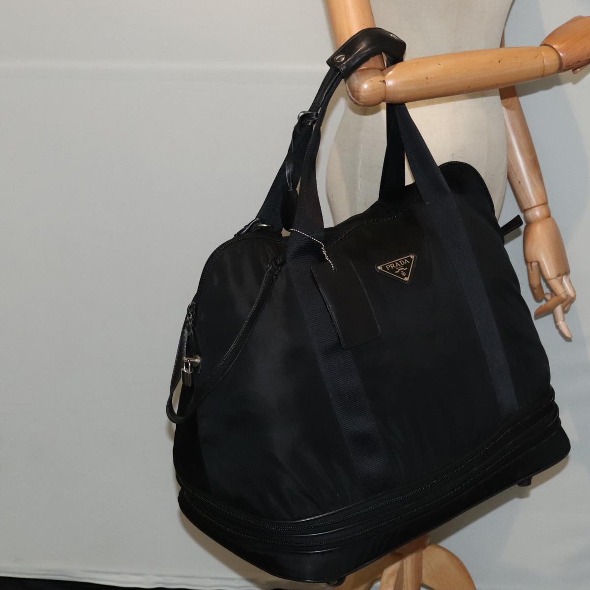 PRADA Boston Bag Nylon Black Silver Auth bs18026