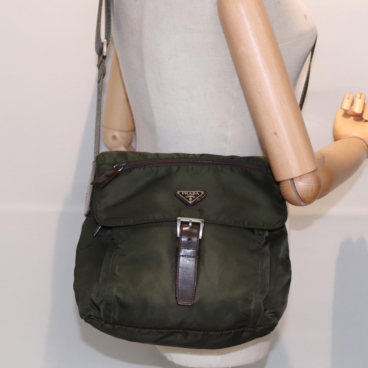 PRADA Shoulder Bag Nylon Green Brown Silver Auth bs18027