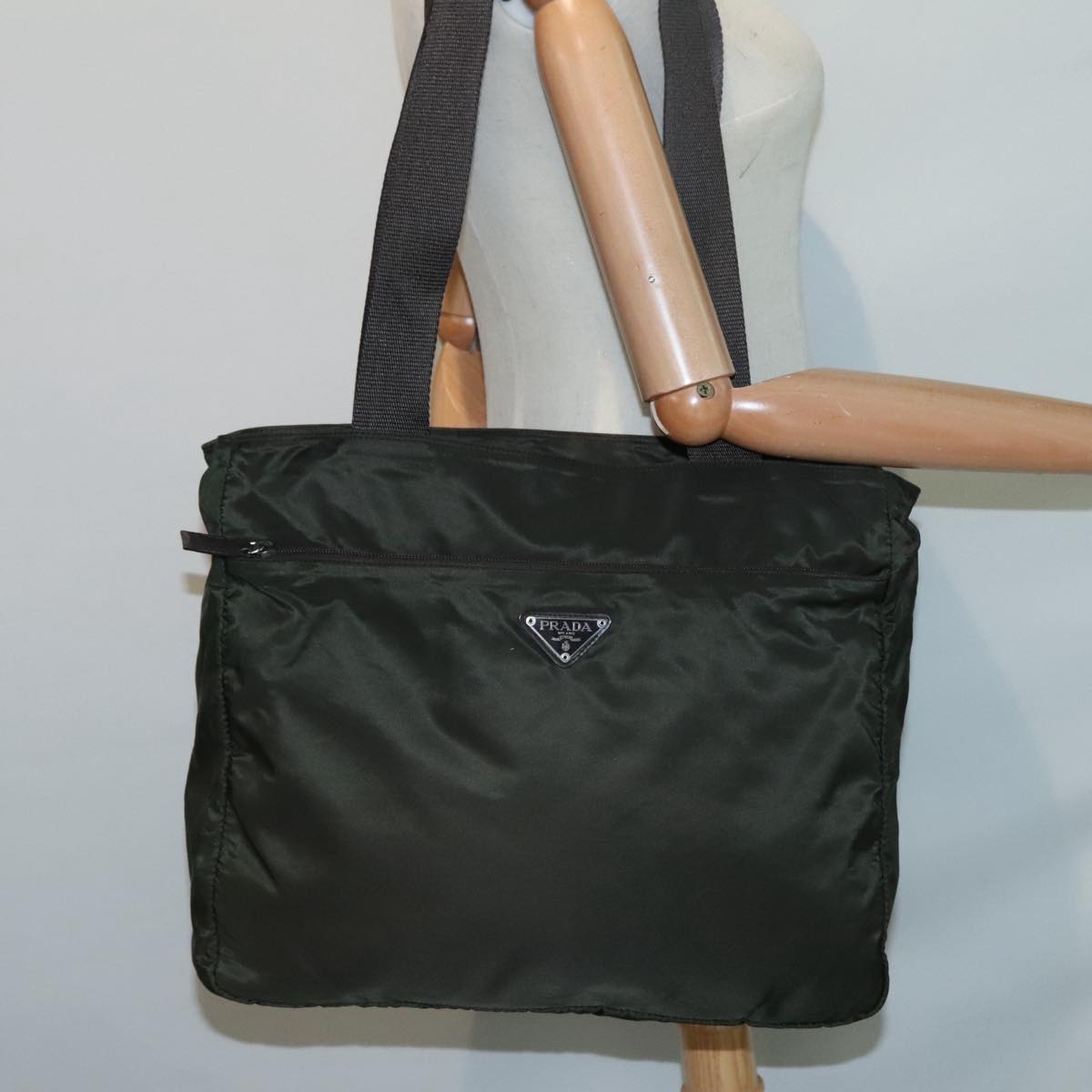 PRADA Tote Bag Nylon Green Silver Auth bs18029