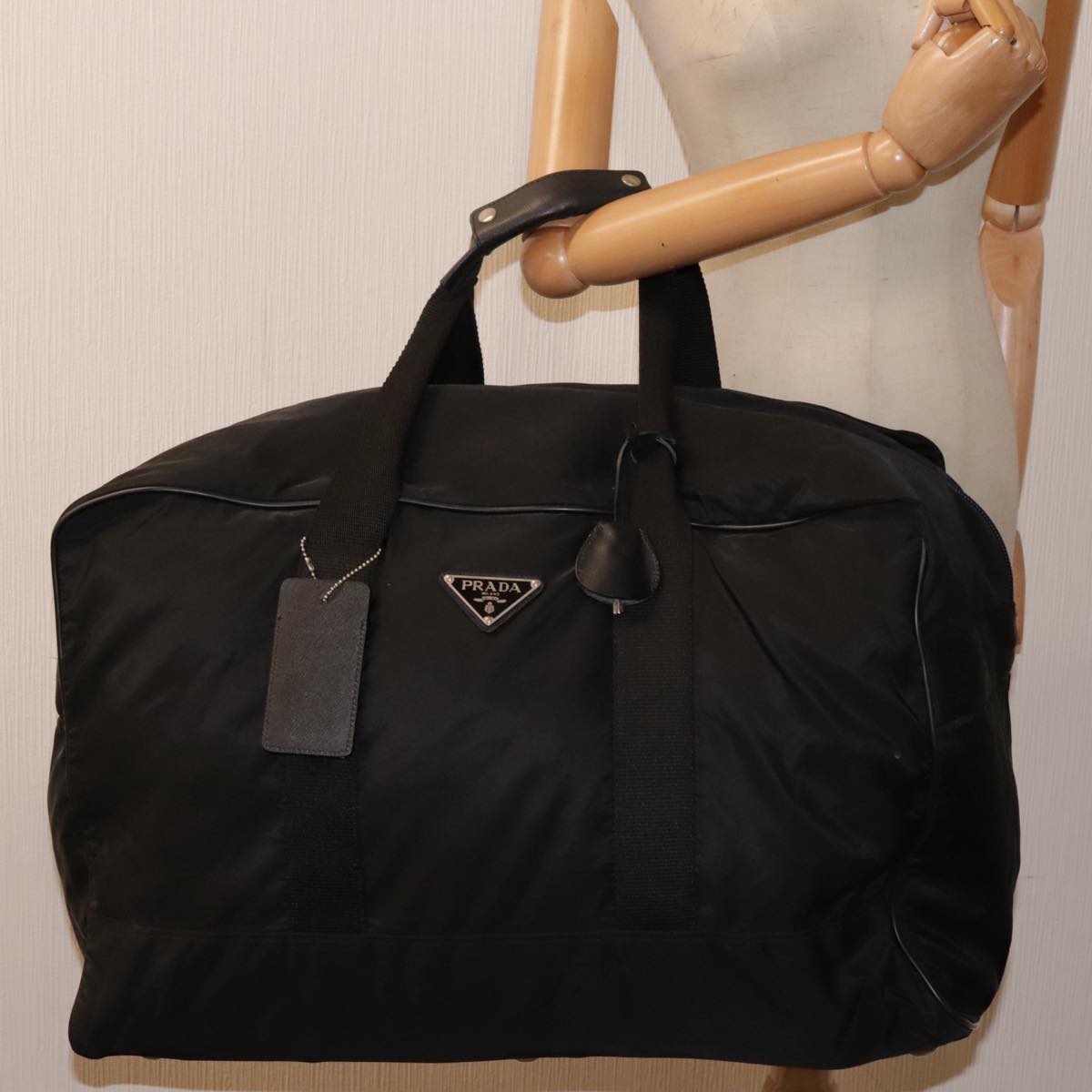 PRADA Boston Bag Nylon Black Silver Auth bs18030