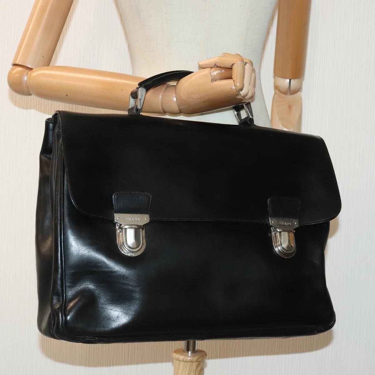 PRADA Business Bag Leather Black Auth bs18036