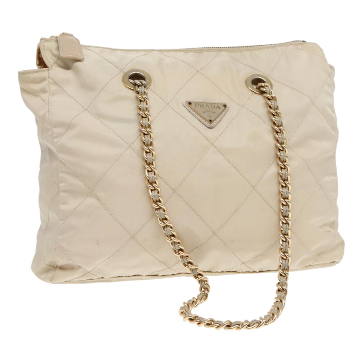 PRADA Chain Shoulder Bag Nylon White Gold Auth bs18038