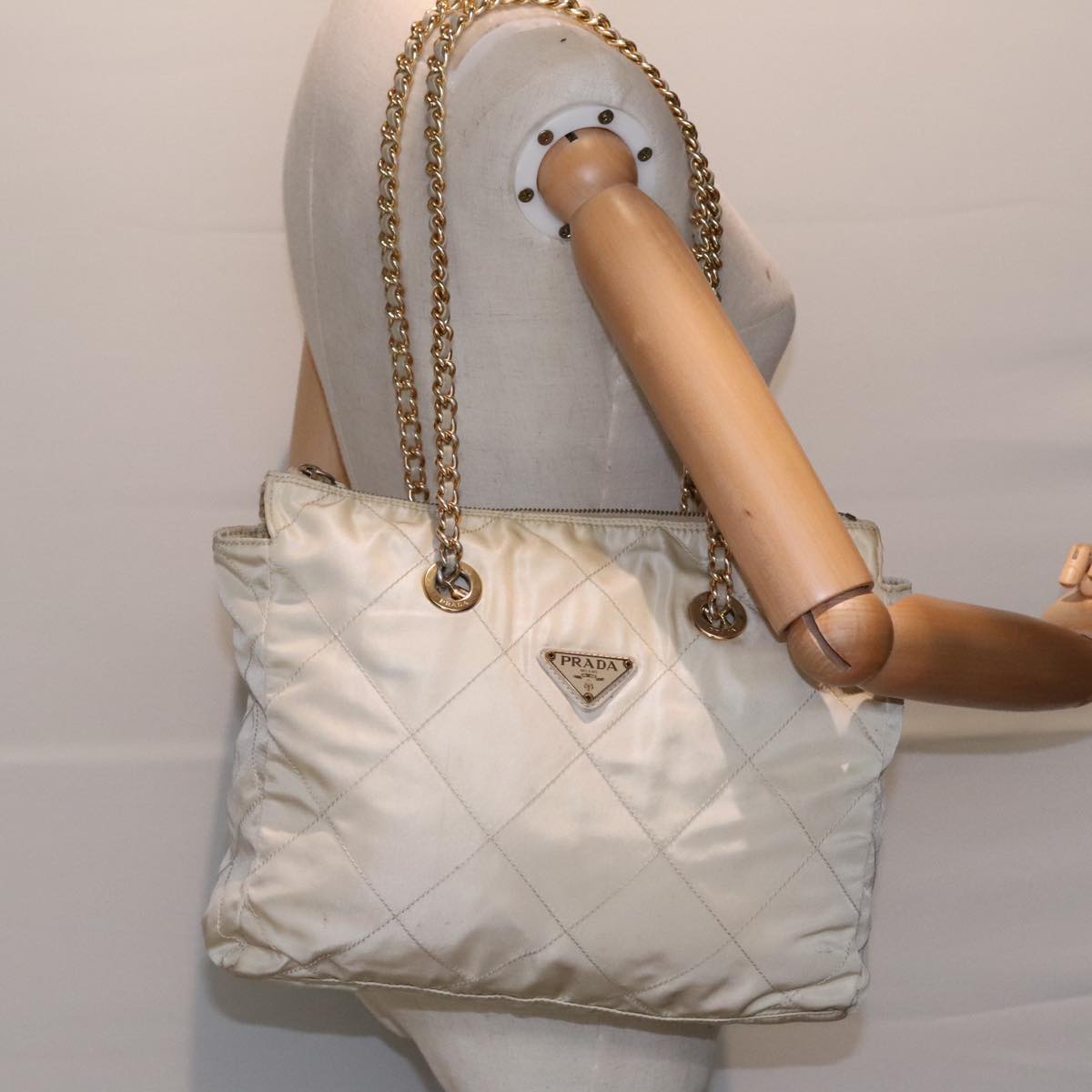 PRADA Chain Shoulder Bag Nylon White Gold Auth bs18038