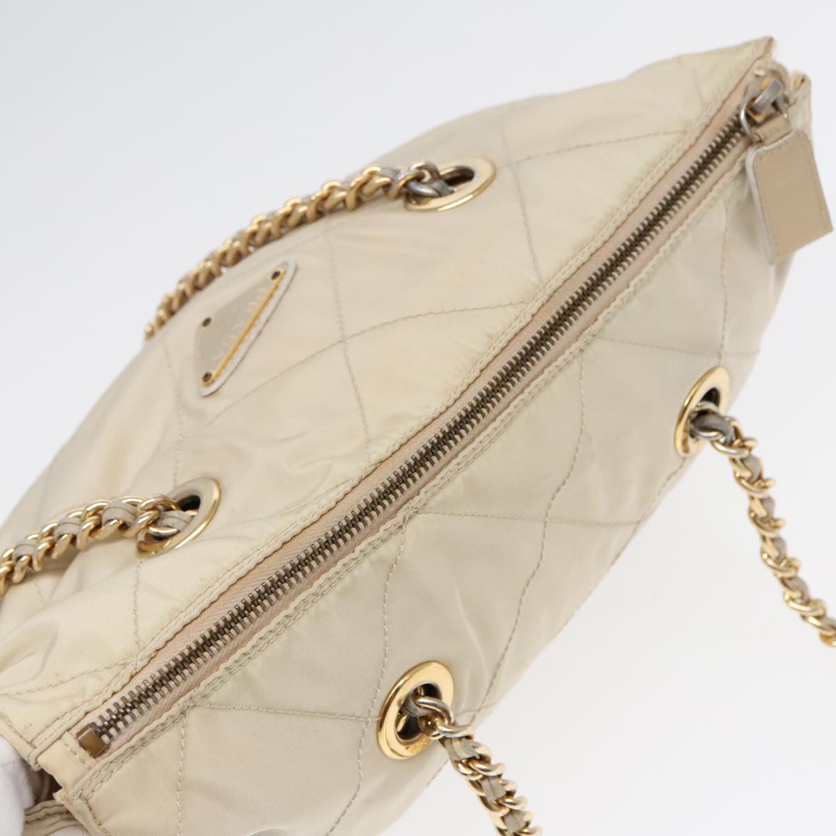 PRADA Chain Shoulder Bag Nylon White Gold Auth bs18038