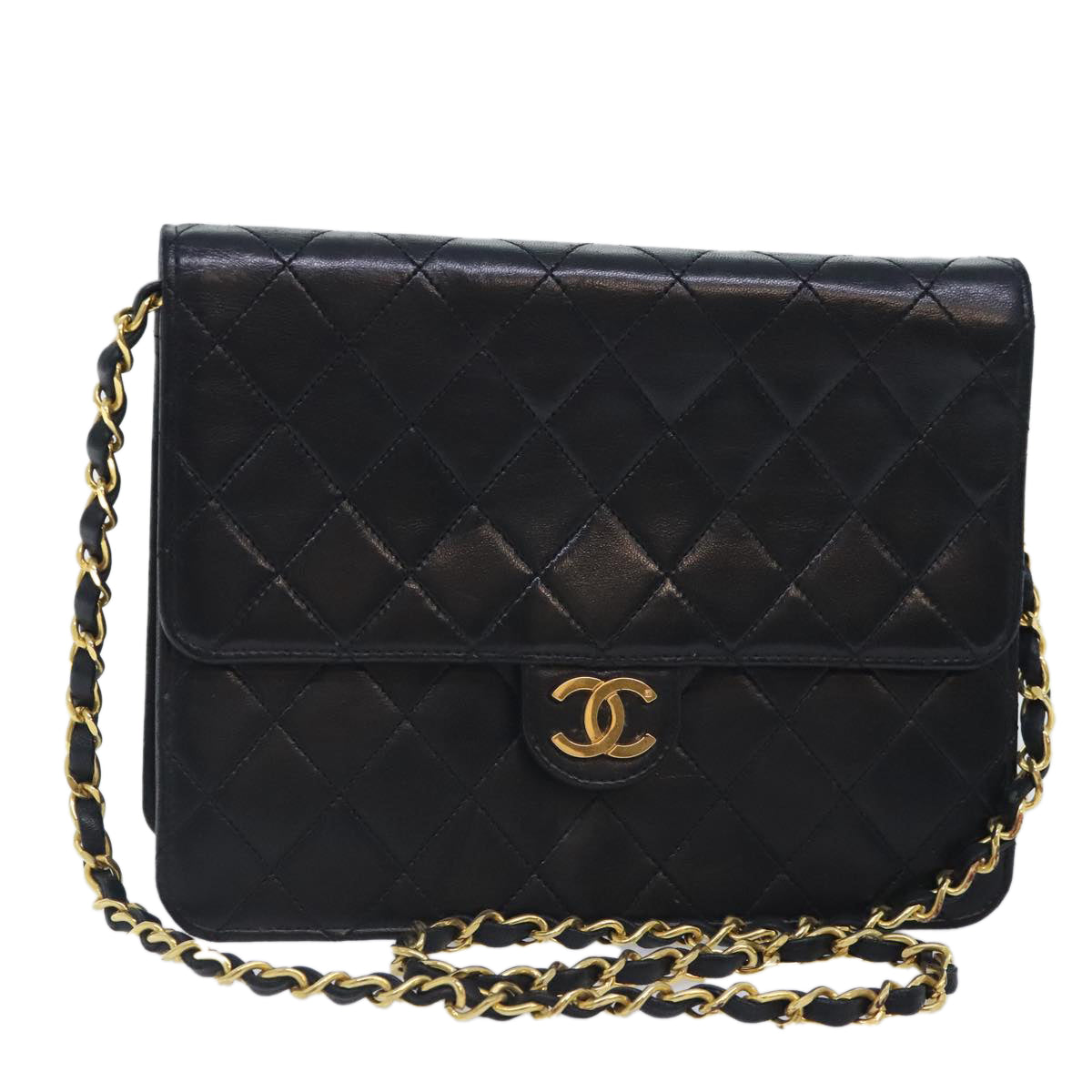 CHANEL Matelasse Chain Shoulder Bag Lamb Skin Black CC Auth bs18067