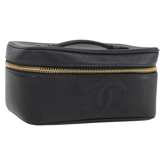 CHANEL COCO Mark vanity Pouch Calf Skin Black Gold CC Auth bs18099