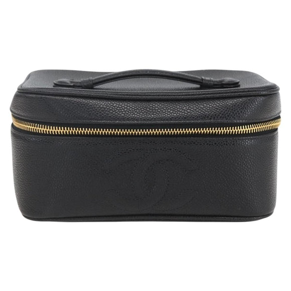 CHANEL COCO Mark vanity Pouch Calf Skin Black Gold CC Auth bs18099