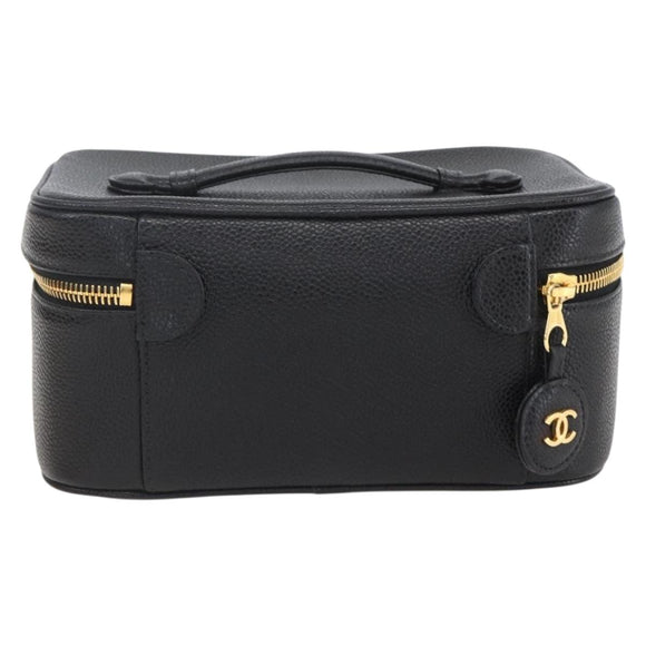 CHANEL COCO Mark vanity Pouch Calf Skin Black Gold CC Auth bs18099