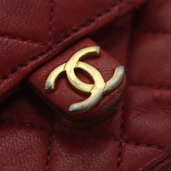 CHANEL Mini Matelasse Chain Pouch Lamb Skin Red Gold CC Auth bs18102