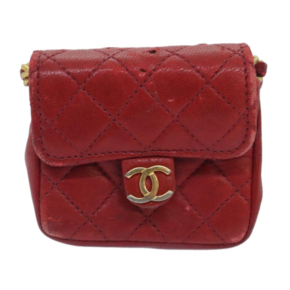 CHANEL Mini Matelasse Chain Pouch Lamb Skin Red Gold CC Auth bs18102