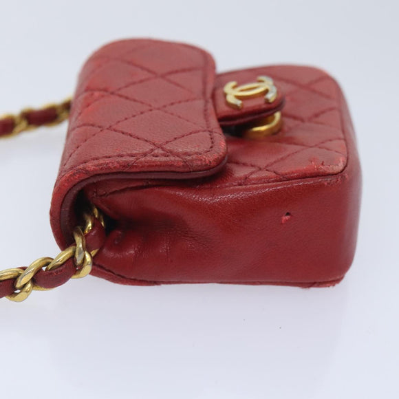 CHANEL Mini Matelasse Chain Pouch Lamb Skin Red Gold CC Auth bs18102