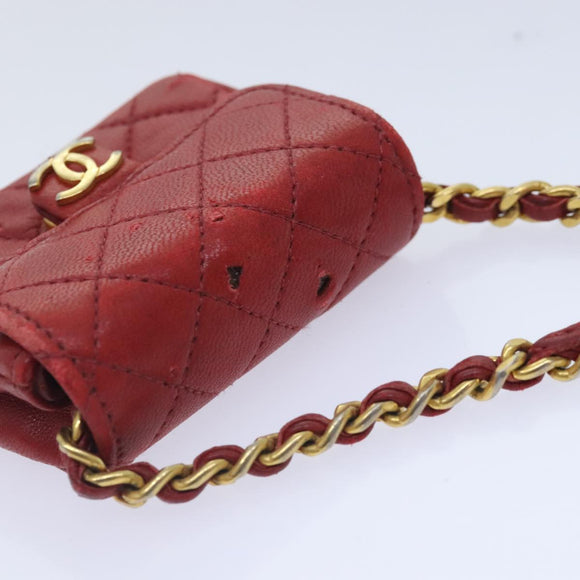 CHANEL Mini Matelasse Chain Pouch Lamb Skin Red Gold CC Auth bs18102