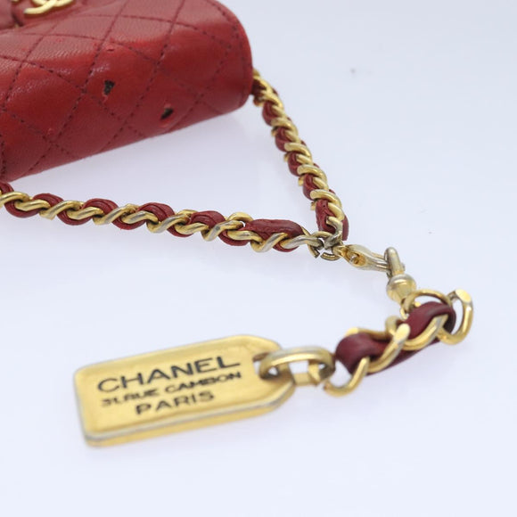 CHANEL Mini Matelasse Chain Pouch Lamb Skin Red Gold CC Auth bs18102