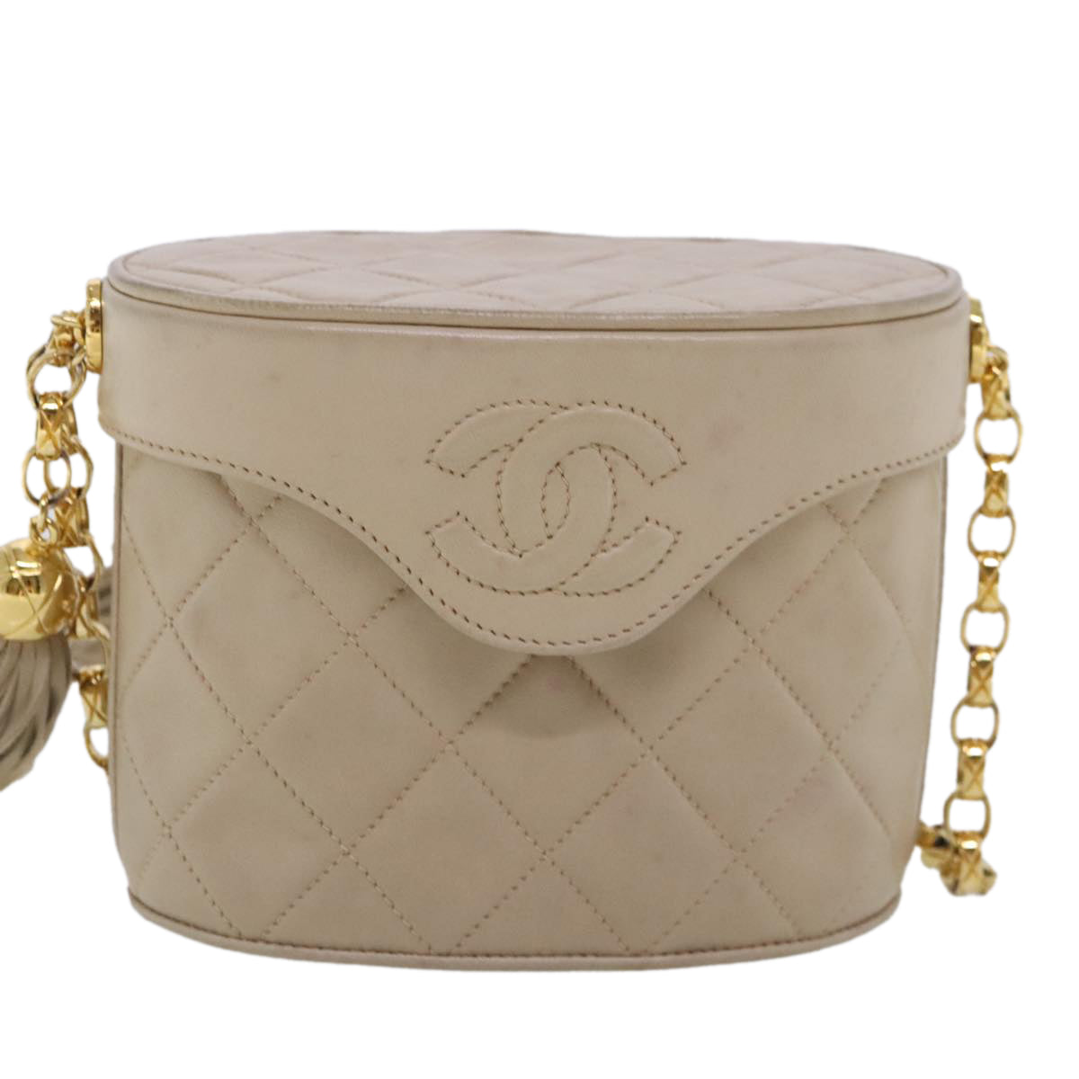 CHANEL Matelasse Chain Shoulder Bag Lamb Skin Beige Gold CC Auth bs18171