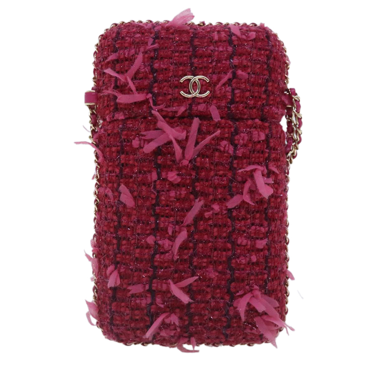 CHANEL Smartphone Case Chain Shoulder Bag Tweed Gold Pink CC Auth bs18176 - 0