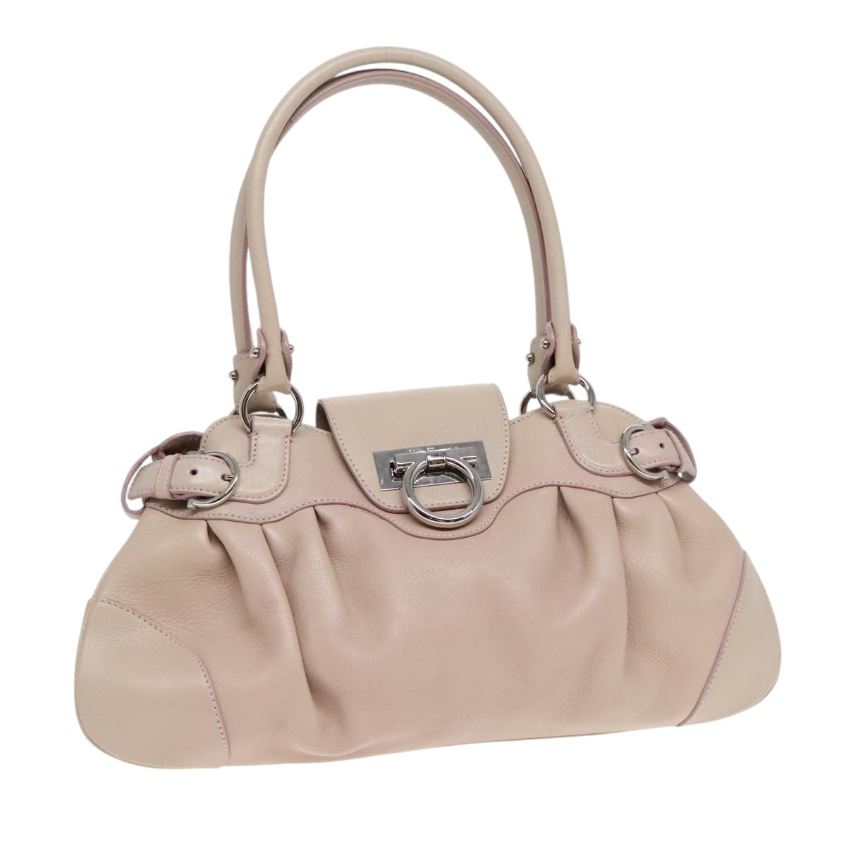 Salvatore Ferragamo Gancini Hand Bag Leather Beige Auth bs18177