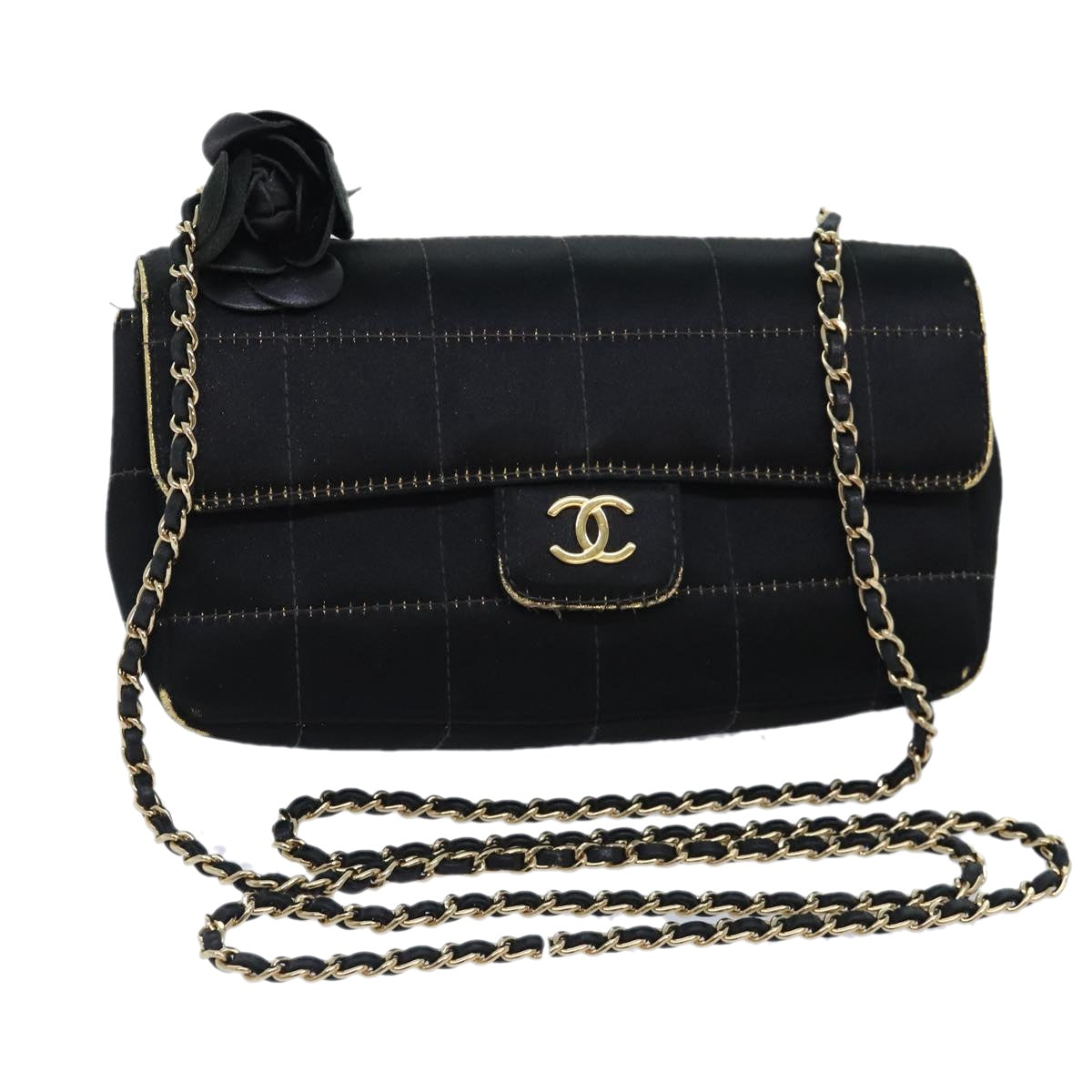 CHANEL Choco Bar Chain Shoulder Bag Satin Black CC Auth bs18254