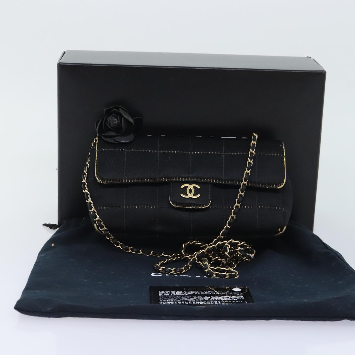 CHANEL Choco Bar Chain Shoulder Bag Satin Black CC Auth bs18254