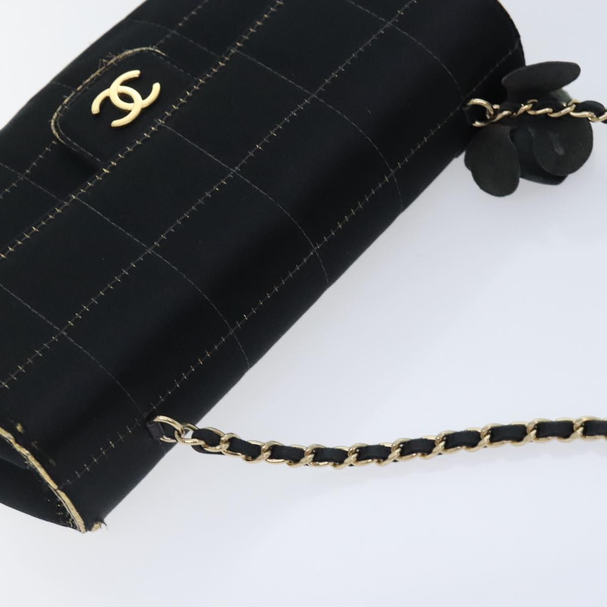 CHANEL Choco Bar Chain Shoulder Bag Satin Black CC Auth bs18254