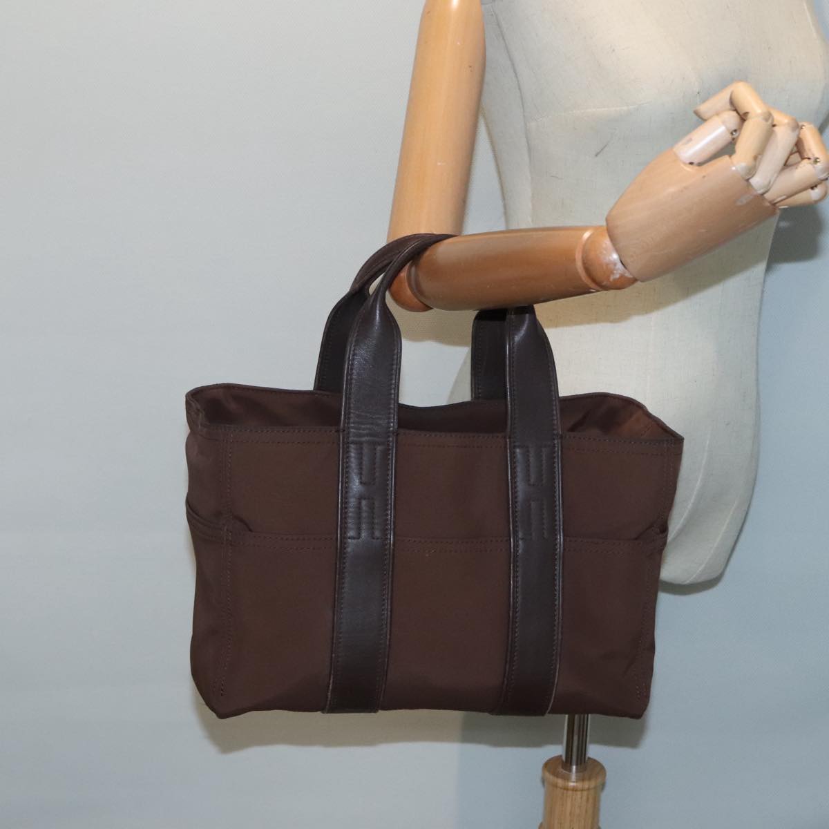 HERMES Acape Luco PM Tote Bag Nylon Leather Brown Silver Auth bs18255