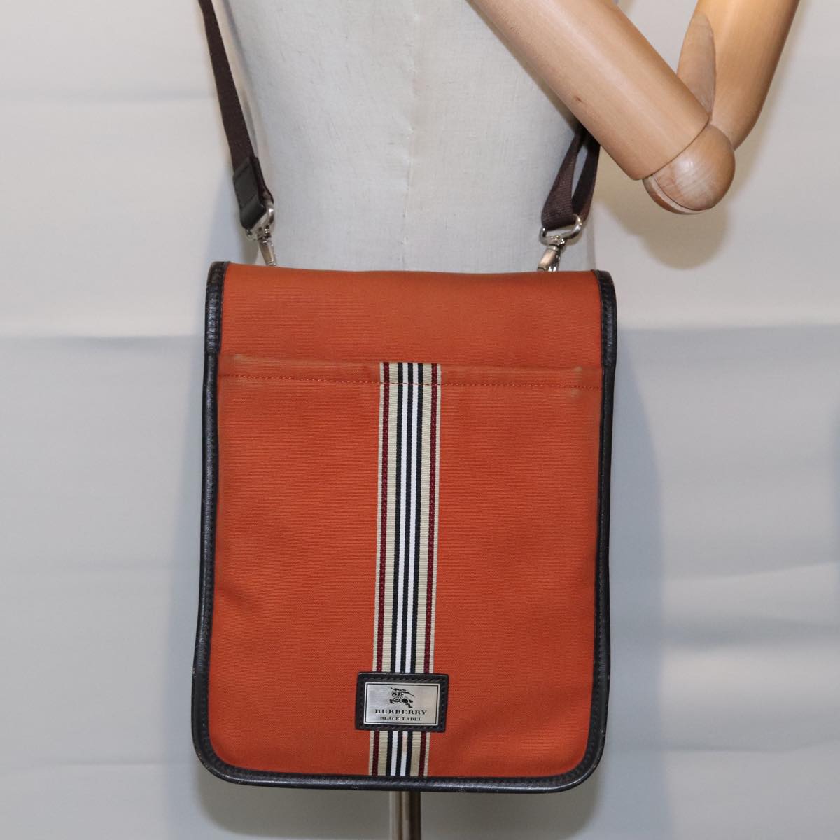 BURBERRY Black label Shoulder Bag Canvas Leather Silver Orange Auth bs18267