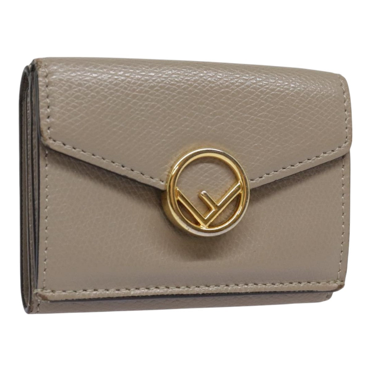 FENDI Compact Wallet Leather Beige Gold Auth bs18278