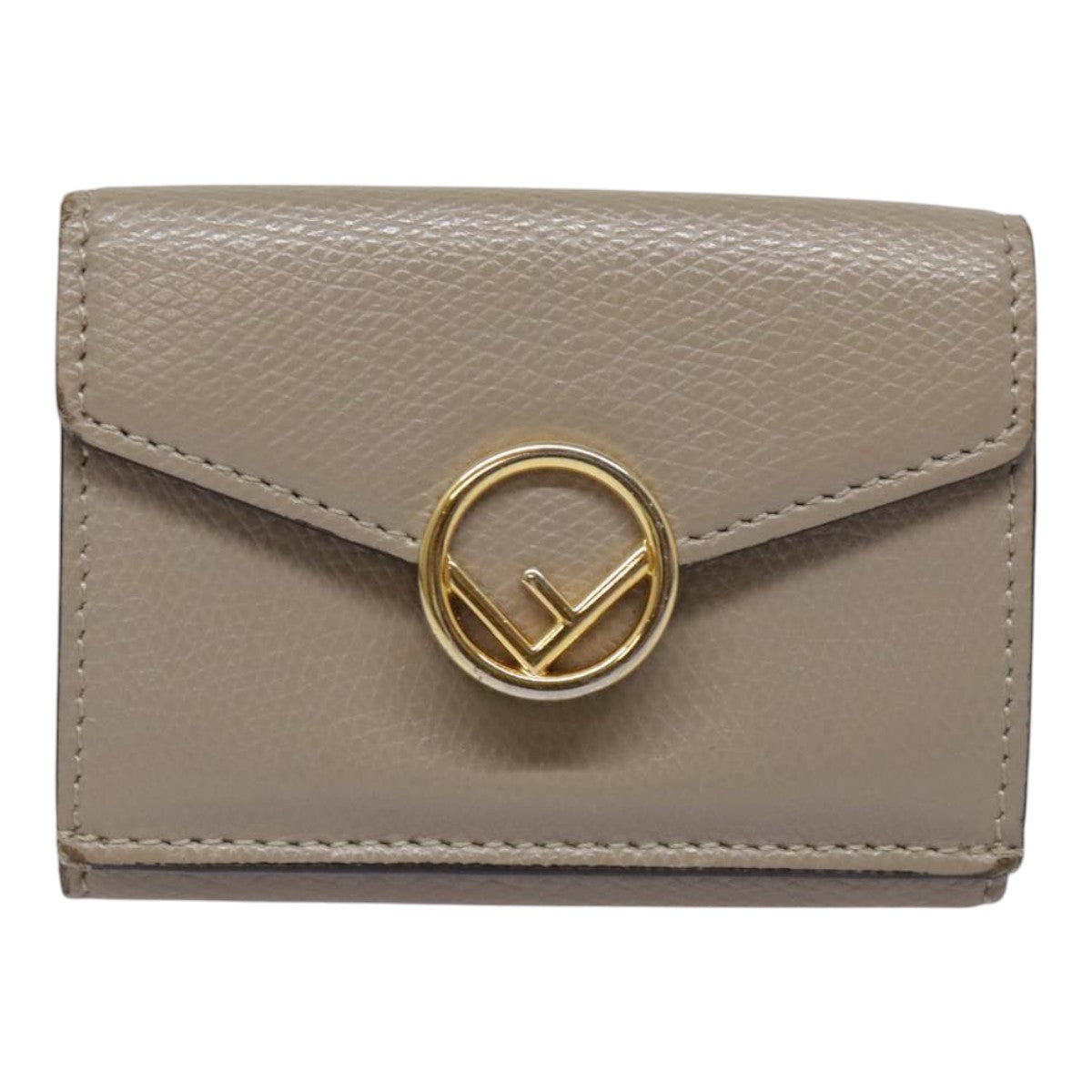 FENDI Compact Wallet Leather Beige Gold Auth bs18278