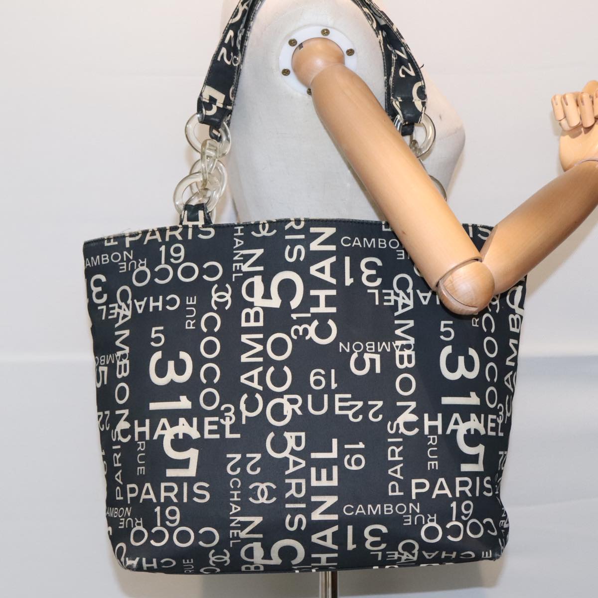 CHANEL Bysy Line Tote Bag Canvas Black CC Auth bs18279