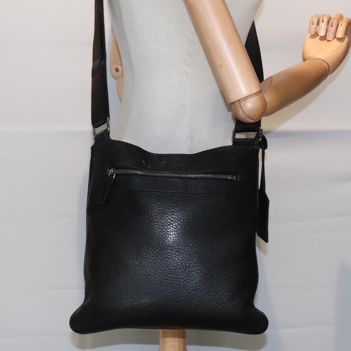 PRADA Shoulder Bag Leather Black Auth bs18290