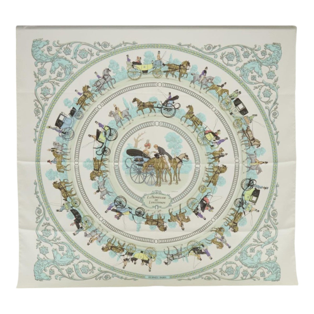 HERMES Carre 90 Scarf ""LA PROMENADE DE LONGCHAMPS"" Silk White Auth bs18296