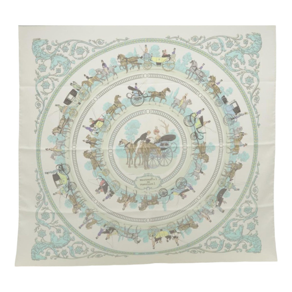 HERMES Carre 90 Scarf ""LA PROMENADE DE LONGCHAMPS"" Silk White Auth bs18296 - 0