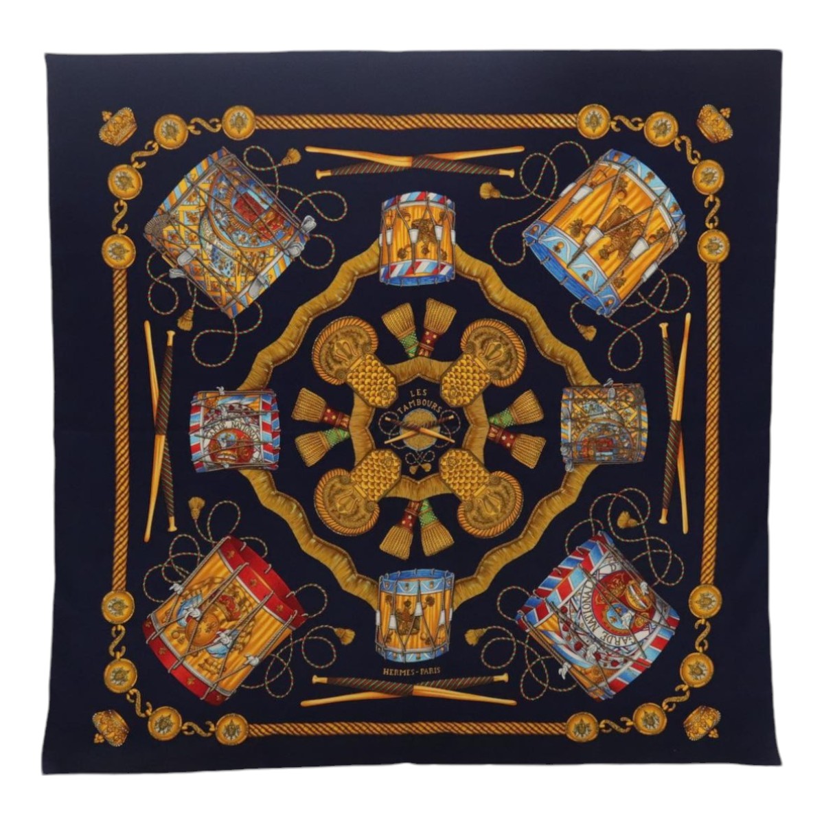 HERMES Carre 90 Scarf ""LES TAMBOURS"" Silk Navy Yellow Auth bs18297