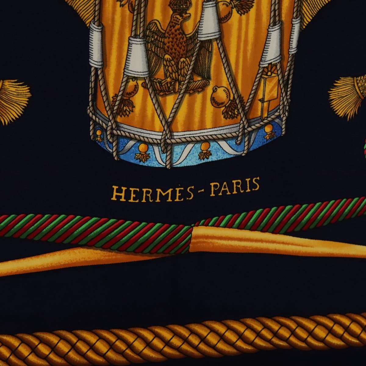 HERMES Carre 90 Scarf ""LES TAMBOURS"" Silk Navy Yellow Auth bs18297