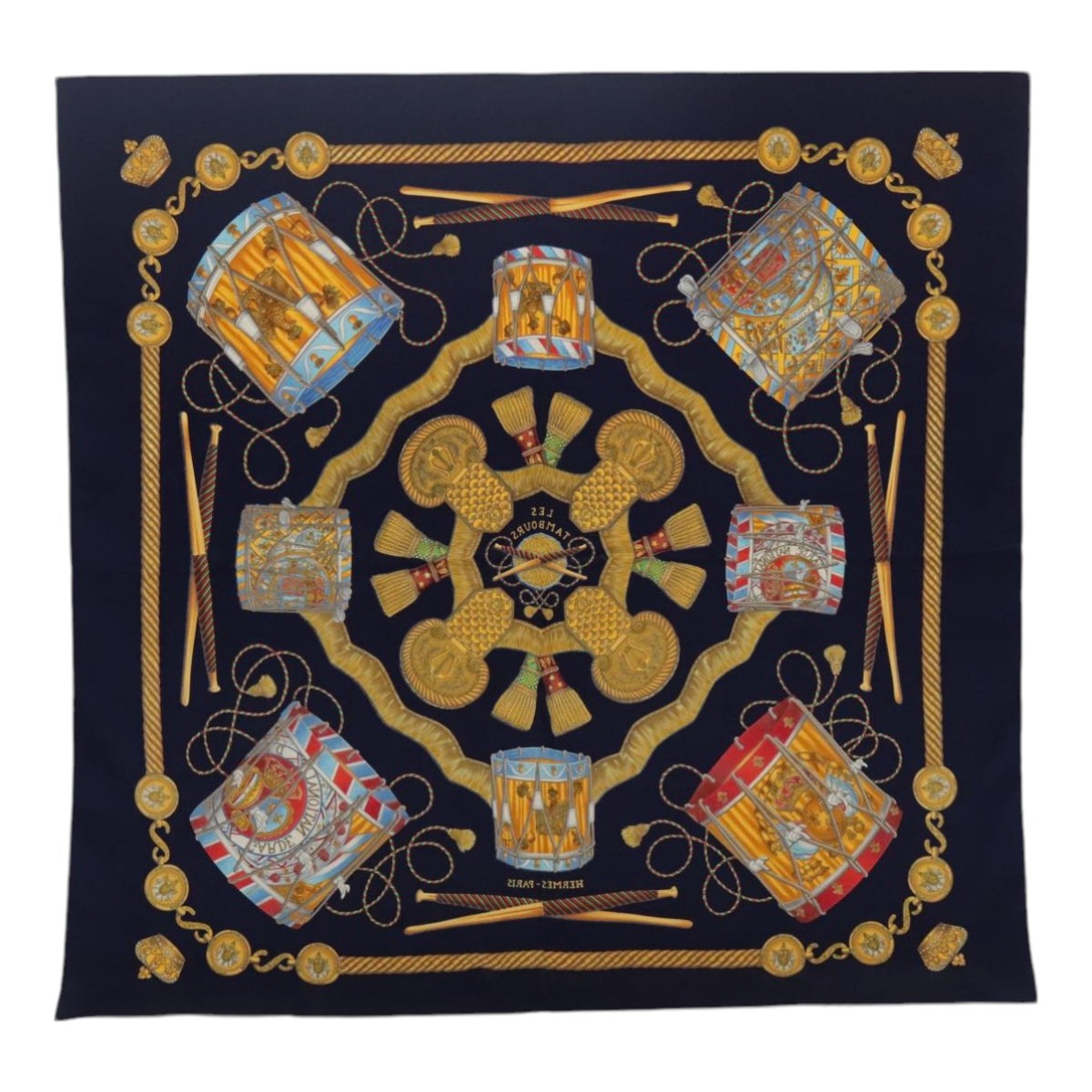 HERMES Carre 90 Scarf ""LES TAMBOURS"" Silk Navy Yellow Auth bs18297 - 0