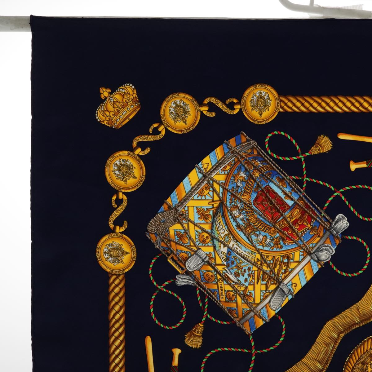 HERMES Carre 90 Scarf ""LES TAMBOURS"" Silk Navy Yellow Auth bs18297