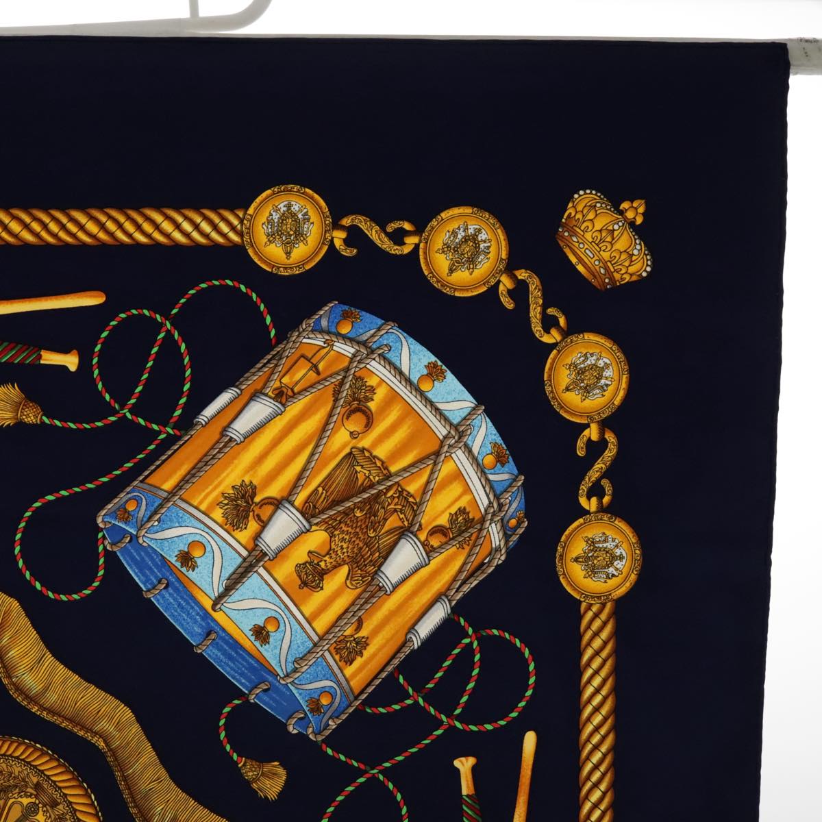 HERMES Carre 90 Scarf ""LES TAMBOURS"" Silk Navy Yellow Auth bs18297