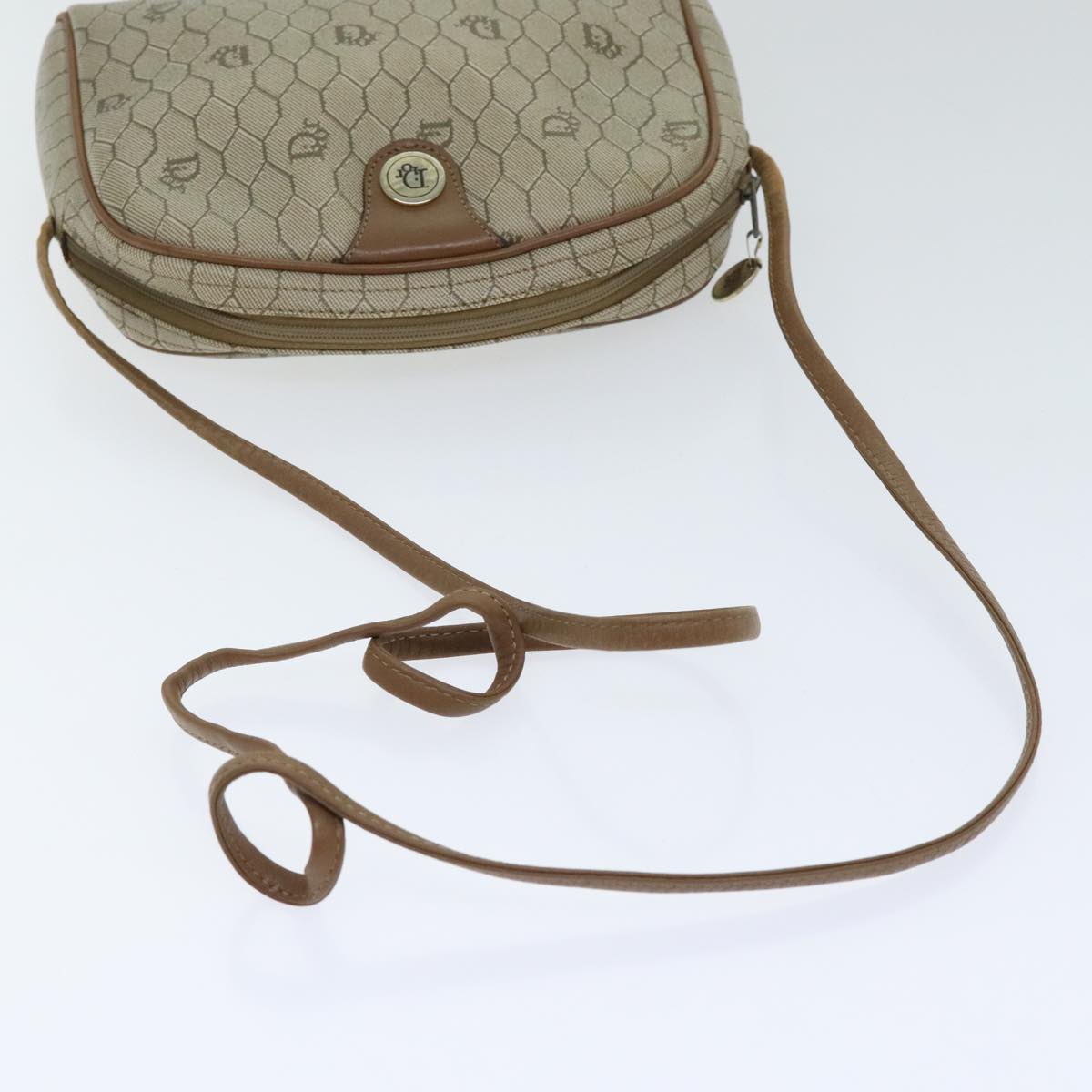 Christian Dior Honeycomb Canvas Shoulder Bag PVC Leather Beige Auth bs18299