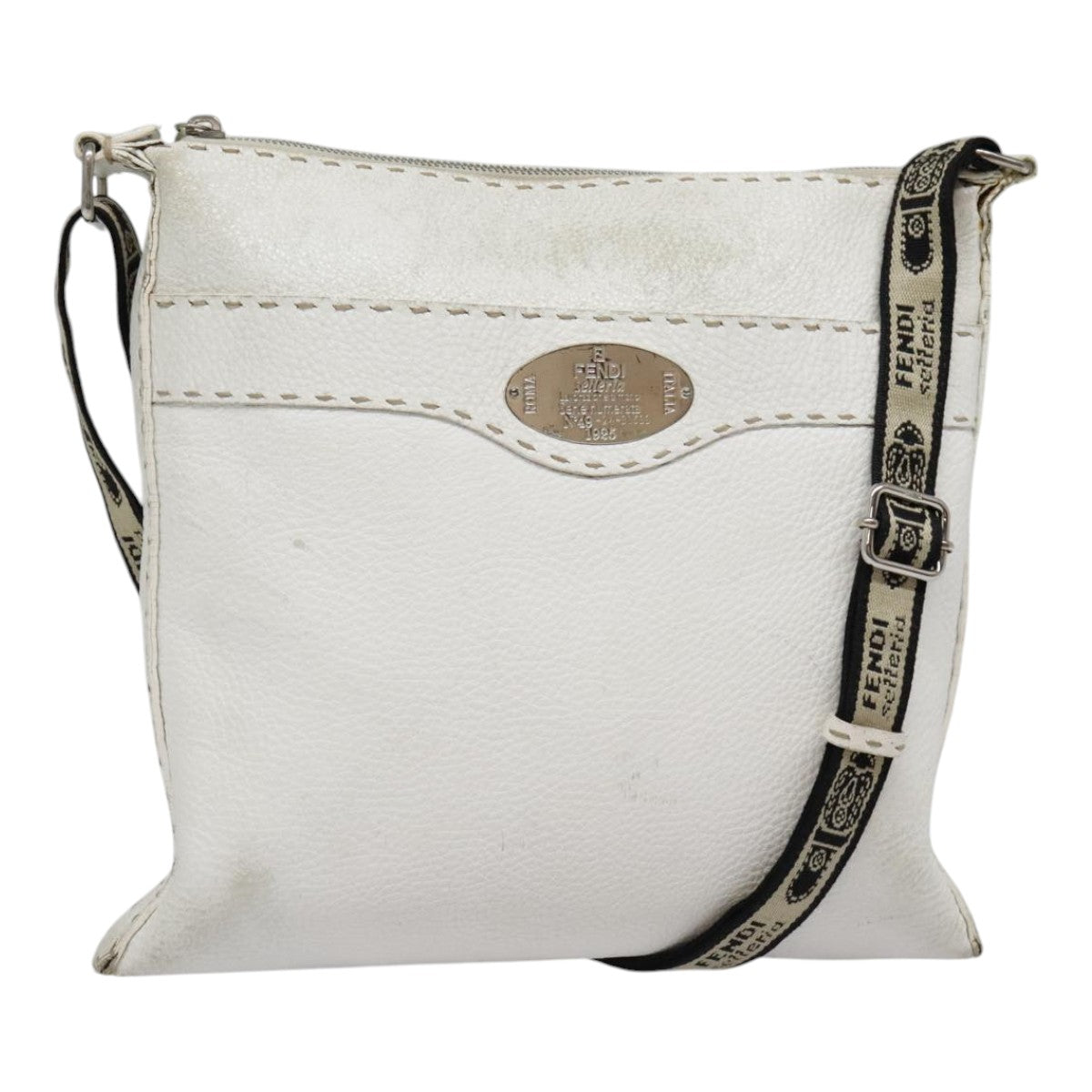 FENDI Celeria Shoulder Bag Leather Silver White Auth bs18319