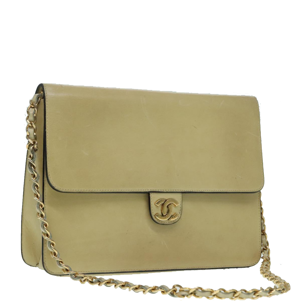 CHANEL Chain Shoulder Bag Leather Beige CC Auth bs18322