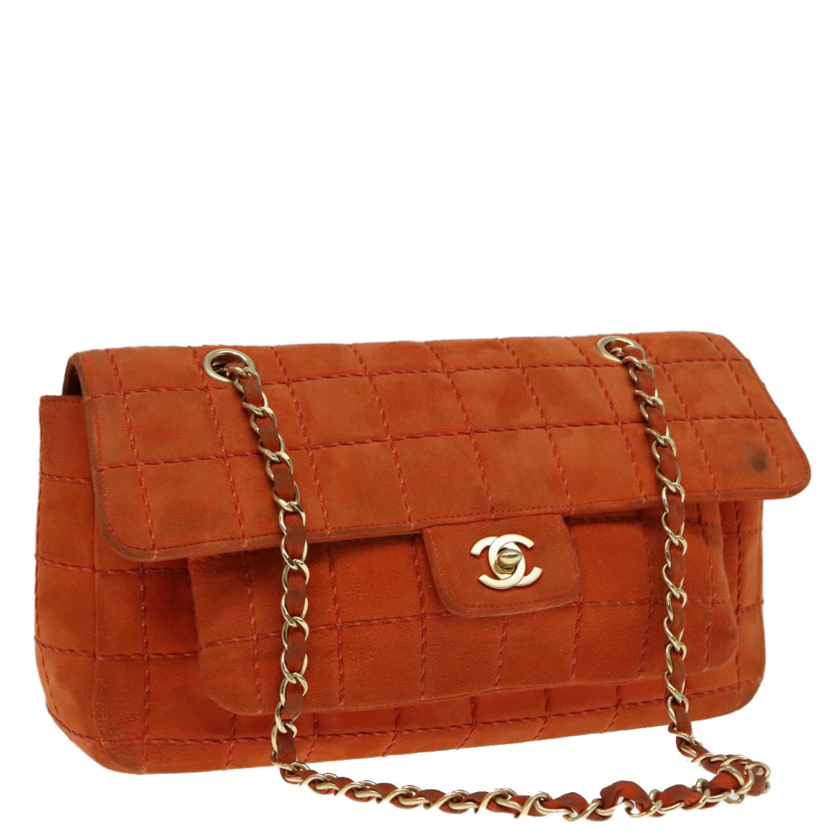 CHANEL Choco Bar Chain Shoulder Bag Suede Gold Orange CC Auth bs18325