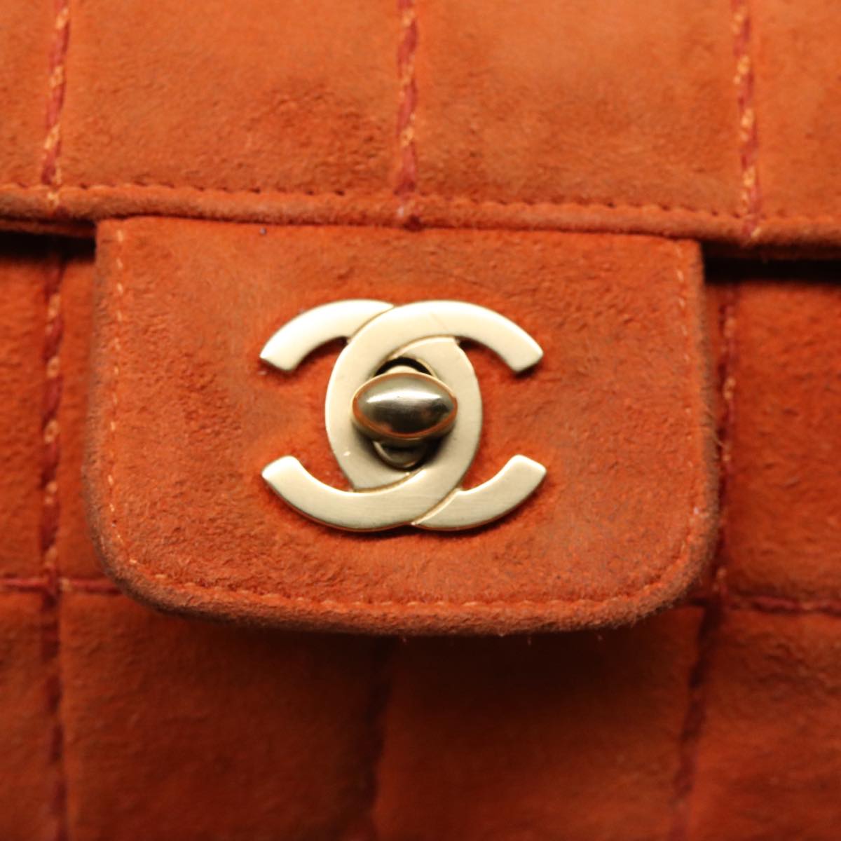 CHANEL Choco Bar Chain Shoulder Bag Suede Gold Orange CC Auth bs18325