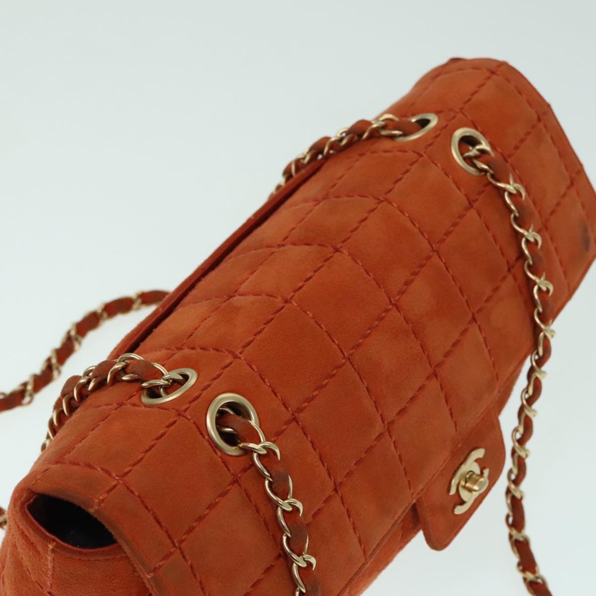 CHANEL Choco Bar Chain Shoulder Bag Suede Gold Orange CC Auth bs18325