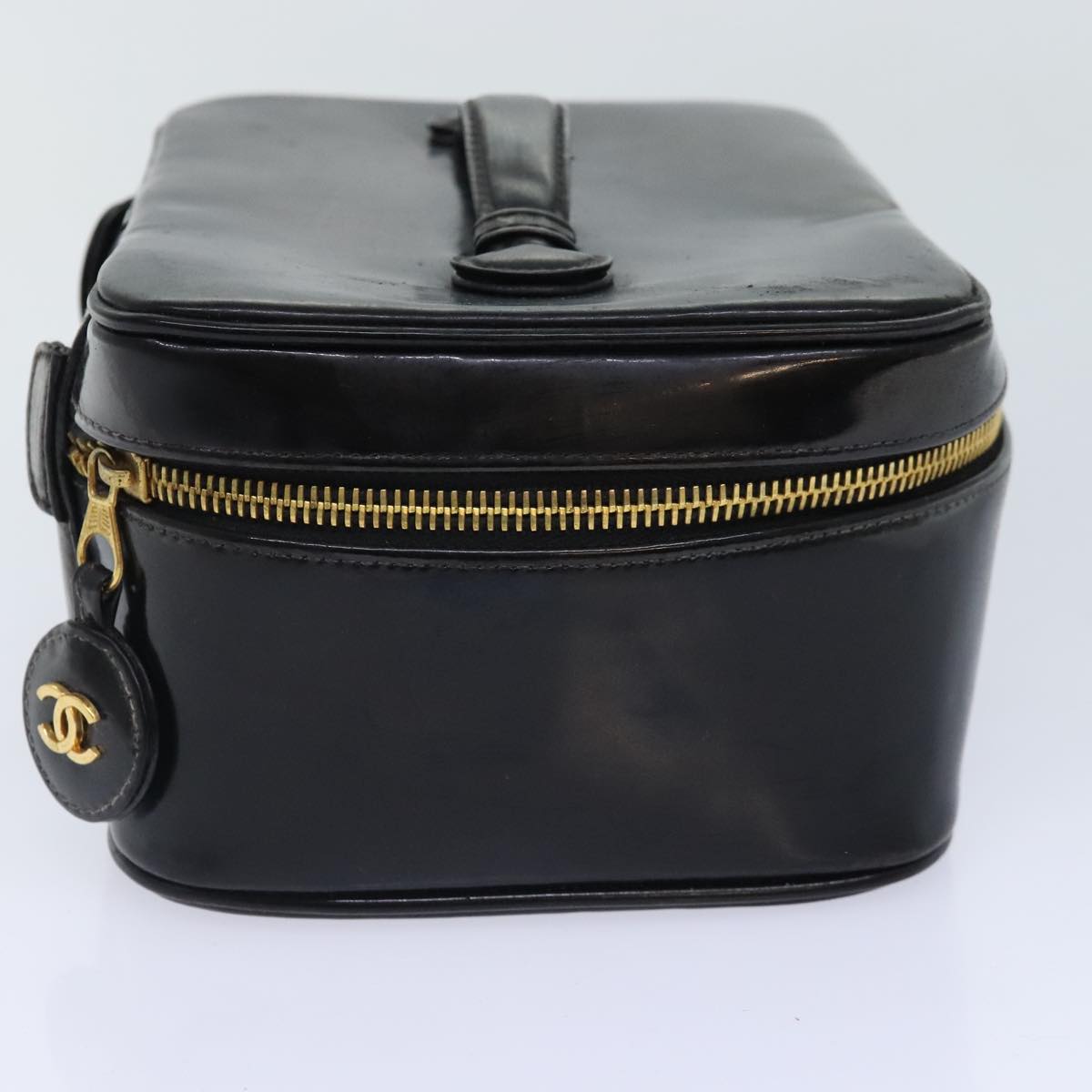 CHANEL COCO Mark Vanity Pouch Patent leather Black Gold CC Auth bs18347