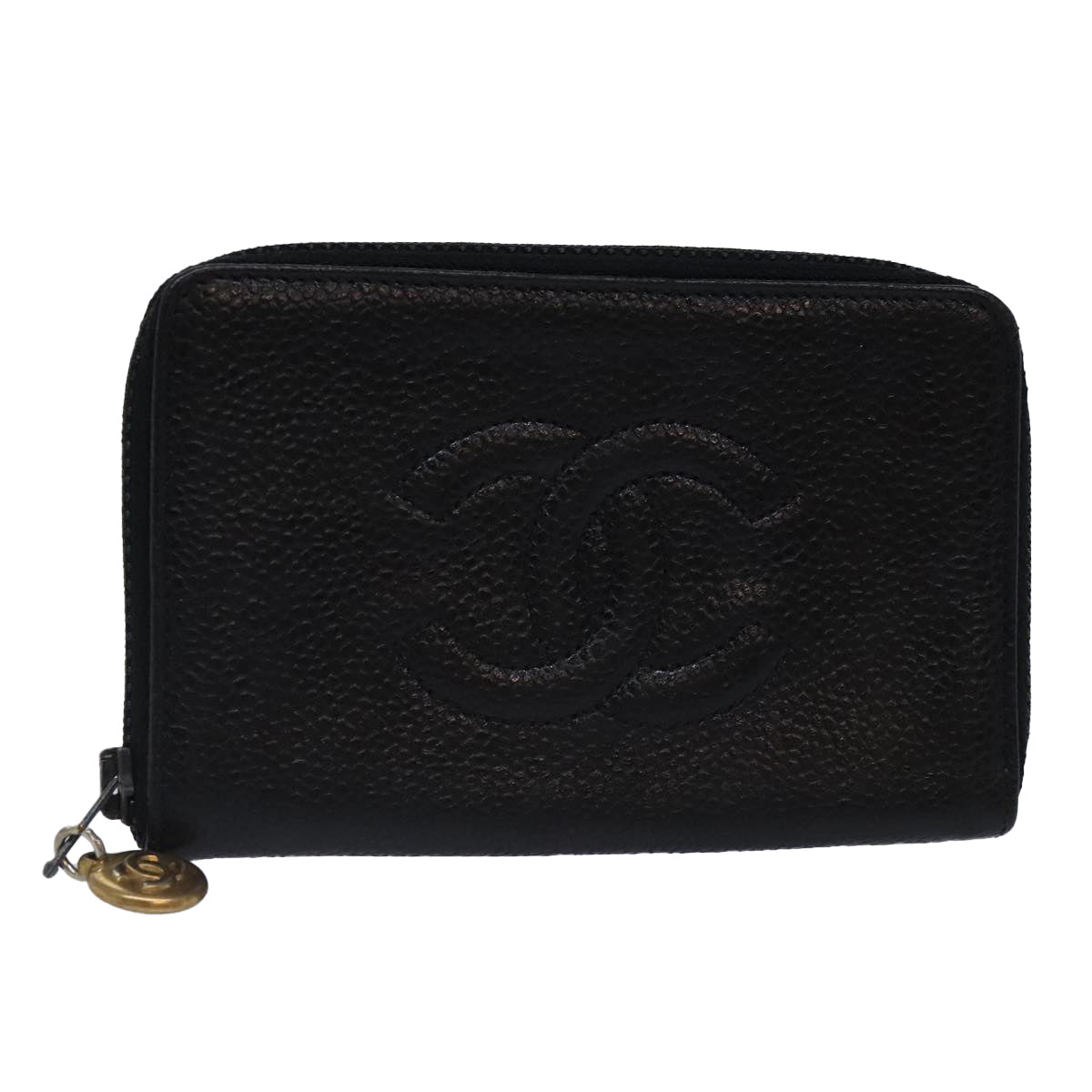 CHANEL Key Case Caviar Skin Black Gold CC Auth bs18348