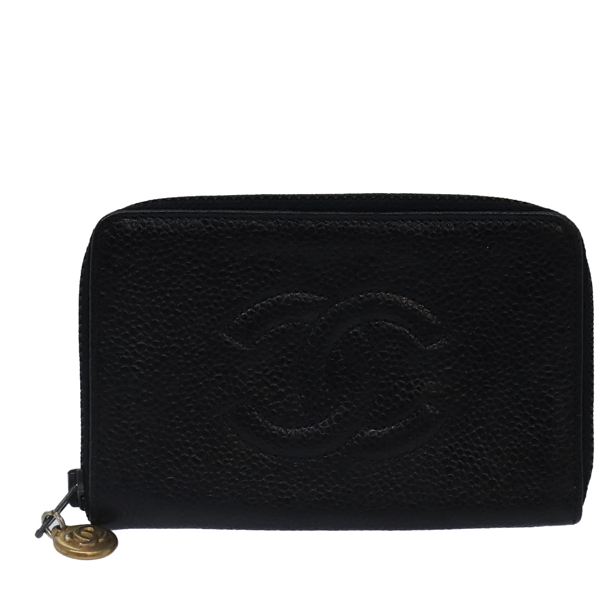 CHANEL Key Case Caviar Skin Black Gold CC Auth bs18348