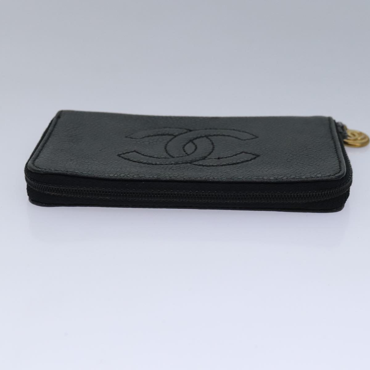 CHANEL Key Case Caviar Skin Black Gold CC Auth bs18348