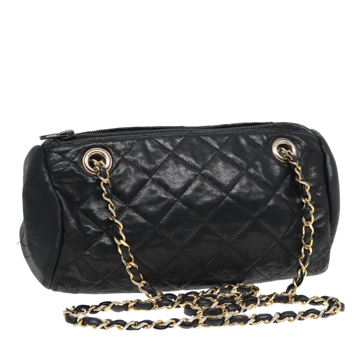 CHANEL Chain Shoulder Bag Lamb Skin Gold Black CC Auth bs18350